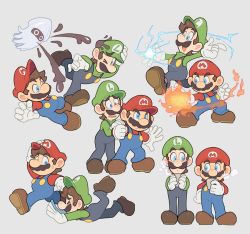 Rule 34 | 2boys, angry, blooper (mario), blue eyes, blush, brothers, brown footwear, brown hair, drinking, electricity, facial hair, fire, full body, grey background, hat, hoshikuzu pan, ink, luigi, mario, mario &amp; luigi rpg, mario &amp; luigi: superstar saga, mario &amp; luigi rpg, mario (series), multiple boys, multiple views, mustache, nervous, nintendo, open mouth, overalls, plumber, short hair, siblings, steam