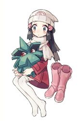 Rule 34 | 1girl, beanie, black hair, blush, boots, coat, commentary request, creatures (company), dawn (pokemon), eyelashes, game freak, gen 2 pokemon, grey eyes, hair ornament, hairclip, hat, holding, holding pokemon, long hair, long sleeves, nintendo, no shoes, noii, pineco, pink footwear, pokemon, pokemon (creature), pokemon dppt, pokemon platinum, red coat, scarf, thighhighs, unworn boots, white background, white headwear, white scarf, white thighhighs