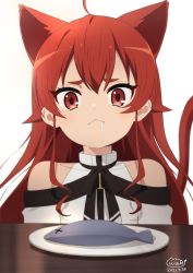 Rule 34 | 1girl, ahoge, animal ears, bare shoulders, cat ears, cat tail, closed mouth, collarbone, dated, drooling, eris greyrat, fish, hair intakes, long hair, looking at viewer, mushoku tensei, neki (wakiko), plate, red eyes, red hair, saliva, simple background, solo, table, tail, tail raised, upper body