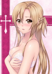 Rule 34 | 10s, 1girl, asuna (sao), bare shoulders, blush, bra, braid, breast hold, breasts, brown eyes, brown hair, cleavage, collarbone, covering privates, covering breasts, highres, kai (link2262), lace, lace bra, lingerie, long hair, looking at viewer, medium breasts, parted lips, pink bra, shiny skin, solo, sword art online, underwear, upper body