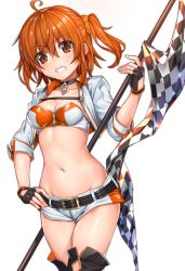 Rule 34 | 1girl, ahoge, alternate costume, belt, black gloves, blush, breasts, checkered flag, choker, cleavage, collarbone, cropped jacket, fate/grand order, fate (series), fingerless gloves, flag, fujimaru ritsuka (female), gloves, hair between eyes, hair ornament, hair scrunchie, hand on own hip, highres, holding, jacket, lips, looking at viewer, medium breasts, midriff, navel, orange hair, race queen, scrunchie, short hair, short shorts, shorts, shuutou haruka, side ponytail, simple background, solo, thighhighs, white background