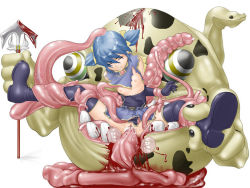 Rule 34 | 1girl, arms behind back, blood, blue hair, boots, clenched teeth, clothes lift, defloration, closed eyes, female focus, flat chest, guro, leg grab, monster, nipples, rape, skirt, skirt lift, solo, spread legs, teeth, tentacle sex, tentacles, torn clothes, uncensored, vaginal, weapon, white background
