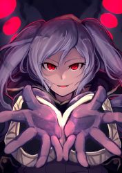 Rule 34 | 1girl, cape, dark persona, evil smile, fire emblem, fire emblem awakening, fire emblem heroes, gloves, grima (fire emblem), highres, hood, long hair, looking at viewer, nakabayashi zun, nintendo, red eyes, robe, robin (female) (fire emblem), robin (fire emblem), slit pupils, smile, solo, twintails, white hair