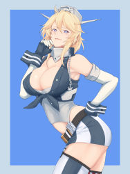 Rule 34 | 1girl, alternate hair length, alternate hairstyle, american flag legwear, bare shoulders, belt, blonde hair, blue eyes, breasts, cleavage, commentary request, fingerless gloves, front-tie top, garter straps, gloves, hair ribbon, hand on own hip, highres, iowa (kancolle), kantai collection, large breasts, looking at viewer, miniskirt, ribbon, shingyou (alexander-13), sidelocks, skirt, star-shaped pupils, star (symbol), striped clothes, striped skirt, symbol-shaped pupils, thighhighs, thighs, vertical-striped clothes, vertical-striped skirt