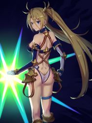 Rule 34 | 1girl, armor, ass, back, bare shoulders, bikini, blonde hair, blue bikini, blue eyes, blue gloves, blush, bradamante (fate), bradamante (third ascension) (fate), braid, breasts, butt crack, crown braid, dimples of venus, elbow gloves, energy barrier, energy shield, fate/grand order, fate (series), faulds, gloves, highleg, highres, large breasts, long hair, looking at viewer, looking back, shouhei, smile, solo, swimsuit, thigh strap, thighs, twintails, two-tone bikini, two-tone gloves, very long hair, white bikini, white gloves