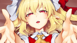 Rule 34 | 1girl, ascot, asutora, blonde hair, commentary, fangs, flandre scarlet, hair between eyes, half-closed eyes, hat, highres, incoming hug, looking at viewer, open mouth, outstretched arms, pointy ears, portrait, pov, puffy short sleeves, puffy sleeves, reaching, reaching towards viewer, red eyes, red vest, shirt, short sleeves, side ponytail, solo, touhou, vest, white shirt, wing collar, yellow ascot