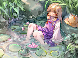 Rule 34 | 1girl, blonde hair, blush, brown hat, closed mouth, commentary, flower, frog, hat, highres, lily pad, long hair, long sleeves, looking at viewer, moriya suwako, no shoes, pink flower, pond, purple skirt, purple vest, shirt, shouxishao jiuyuan, skirt, smile, solo, symbol-only commentary, thick eyebrows, touhou, unworn hat, unworn headwear, vest, white shirt, wide sleeves, yellow eyes