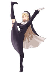 Rule 34 | 1girl, black dress, blonde hair, blush, breasts, closed eyes, commentary request, diisuke, dress, gloves, habit, kneepits, long hair, long sleeves, nijisanji, nun, simple background, sister claire, sister claire (1st costume), smile, socks, solo, split, standing, standing on one leg, standing split, virtual youtuber, white background, white gloves