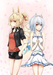 Rule 34 | 2girls, animal ears, azure luna, bare shoulders, belt, blonde hair, blue hair, dress, fox ears, frown, hair ornament, hair ribbon, highres, jacket, long hair, looking at viewer, multiple girls, open belt, open mouth, original, own hands clasped, own hands together, ponytail, red eyes, ribbon, short shorts, shorts, simple background, white hair