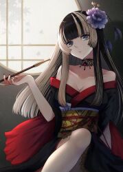 Rule 34 | 1girl, black hair, black kimono, blonde hair, blue eyes, breasts, choker, cleavage, collarbone, cosplay, final fantasy, final fantasy xiv, flower, hair flower, hair ornament, highres, holding, holding smoking pipe, hololive, hololive dev is, japanese clothes, juufuutei raden, kimono, lace, lace choker, leaf, long hair, medium breasts, obi, obijime, off shoulder, red brooch, red nails, sash, smoking pipe, solo, uni (maru231), virtual youtuber, window, yellow sash, yotsuyu goe brutus, yotsuyu goe brutus (cosplay)