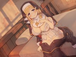Rule 34 | 1girl, 7010, bed, black dress, blonde hair, blue eyes, blush, breasts, cleavage, closed mouth, detached collar, dress, habit, indoors, jewelry, large breasts, looking at viewer, low twintails, necklace, nun, on bed, original, panties, pillow, plump, see-through, sitting, smile, solo, strap slip, twintails, underwear, white panties