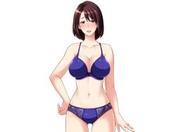 Rule 34 | 1girl, bare arms, bare legs, bare shoulders, blue bra, blue panties, blush, bra, breasts, brown hair, butcha-u, cleavage, cowboy shot, game cg, gluteal fold, hand on own hip, jewelry, large breasts, legs, looking at viewer, naruse kumiko, navel, original, panties, parted bangs, parted lips, ring, shiny clothes, shiny skin, shinyuu no haha kumiko, short hair, solo, standing, thigh gap, thighs, transparent background, underwear, upper body, wedding ring, yellow eyes