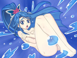 Rule 34 | 00s, 1girl, :o, barefoot, blue background, blue eyes, blue hair, blue theme, butterfly hair ornament, caryo, completely nude, convenient censoring, covering privates, cure aqua, feet, full body, hair ornament, long hair, long legs, looking at viewer, magical girl, matching hair/eyes, minazuki karen, nanashino, nude, nude cover, ponytail, precure, solo, surprised, water, wide ponytail, yes! precure 5