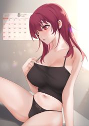 Rule 34 | 1girl, black panties, blush, breasts, calendar (object), cameltoe, crop top, heterochromia, highres, hololive, houshou marine, large breasts, long hair, looking away, midriff, navel, ompf, panties, parted lips, red eyes, red hair, sitting, solo, sweat, underwear, underwear only, virtual youtuber, yellow eyes
