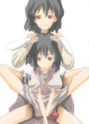 Rule 34 | 2girls, annoyed, black hair, carrot, clothes lift, dress, dress lift, female focus, geta, grabbing another&#039;s ear, grin, hand on another&#039;s ear, inaba tewi, legs, looking at viewer, looking away, multiple girls, phantasmagoria of flower view, red eyes, shameimaru aya, short hair, simple background, sitting, skirt, smile, squatting, tengu-geta, touhou, yohane