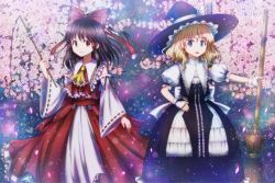 Rule 34 | 1girl, 2girls, anime coloring, ascot, bad id, bad pixiv id, blonde hair, blue eyes, blush, bow, braid, broom, brown hair, cherry blossoms, curiosities of lotus asia, detached sleeves, flower, forgotten artist, gohei, hair bow, hair tubes, hakurei reimu, hand on own hip, hat, kirisame marisa, long hair, looking at another, multiple girls, night, petals, red eyes, ribbon, short hair, sky, smile, star (sky), starry sky, touhou, witch hat
