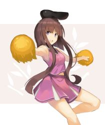Rule 34 | 1girl, :d, alternate costume, armpits, bare arms, bare shoulders, black headwear, blunt bangs, breasts, brown hair, cheerleader, commentary, falken (yutozin), feet out of frame, grey background, highres, holding, holding pom poms, looking at viewer, medium breasts, midriff, miniskirt, nishida satono, one-hour drawing challenge, open mouth, outstretched arms, pink shirt, pink skirt, pom pom (cheerleading), pom poms, purple eyes, shirt, short hair with long locks, sidelocks, skirt, skirt set, sleeveless, sleeveless shirt, smile, solo, standing, standing on one leg, thighs, touhou, two-tone background, white background