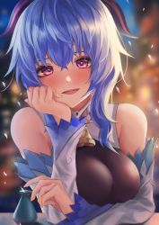 Rule 34 | 1girl, absurdres, bare shoulders, bell, blue hair, blush, bottle, breasts, cherry blossoms, cowbell, detached sleeves, ganyu (genshin impact), genshin impact, goat horns, hand on own chin, highres, horns, looking at viewer, purple eyes, sake bottle, smile, solo, turbulence