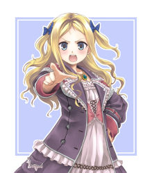 Rule 34 | 1girl, atelier (series), atelier rorona, blonde hair, blue background, blue eyes, blush, bow, coat, cuderia von feuerbach, dress, female focus, frills, gust, hair bow, hand on own hip, jewelry, long hair, long sleeves, necklace, open mouth, outline, pointing, pointing at viewer, solo, twintails, two side up