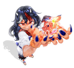 Rule 34 | 2girls, blue hair, claws, from above, holding, horns, kijin seija, looking at viewer, mini person, minigirl, monster girl, multicolored hair, multiple girls, okoge senbei, perspective, red eyes, shadow, skirt, standing, sukuna shinmyoumaru, touhou, white background
