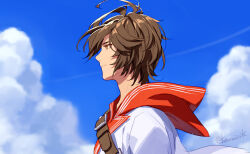 Rule 34 | 1boy, ahoge, alternate costume, artist name, bishounen, blue sky, brown hair, cloud, cloudy sky, commentary request, expressionless, fanny pack, floating clothes, floating hair, from side, granblue fantasy, hair between eyes, hood, hood down, jacket, light frown, looking ahead, messy hair, pota (bluegutty), profile, red eyes, sandalphon (granblue fantasy), sandalphon (summer) (granblue fantasy), signature, sky, solo, twitter username, upper body, white jacket