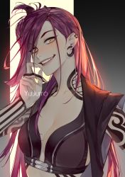 Rule 34 | 1girl, artist name, blush, breasts, cleavage, collarbone, commission, ear piercing, earrings, fingernails, highres, jewelry, lips, long hair, looking at viewer, neck tattoo, original, piercing, purple hair, shoulder tattoo, simple background, smile, solo, tattoo, upper body, yellow eyes, yujurro
