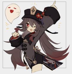 Rule 34 | 1girl, :d, arm up, black hat, black shorts, boo tao (genshin impact), border, bracelet, brooch, brown hair, coat, coattails, collared coat, collared shirt, colored tips, cropped legs, flower, flower-shaped pupils, genshin impact, ghost, grey background, happy, hat, hat flower, highres, hu tao (genshin impact), jewelry, long hair, long sleeves, looking at viewer, merry-san, multicolored hair, notice lines, one eye closed, open mouth, outside border, pointing, pointing up, porkpie hat, red eyes, shirt, shorts, smile, solo, symbol-shaped pupils, tassel, twintails