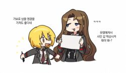 Rule 34 | 2girls, badge, bbunny, belt, black belt, blonde hair, blue eyes, brown hair, coat, collared shirt, commentary request, don quixote (project moon), grey coat, grey pants, holding, holding paper, holding pen, korean commentary, korean text, limbus company, long hair, long sleeves, mole, mole under eye, multiple girls, necktie, open clothes, open coat, open mouth, orange eyes, pants, paper, pen, project moon, red necktie, rodion (project moon), shirt, short hair, smile, translation request, white background, white shirt