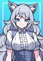 Rule 34 | 1girl, absurdres, animal ears, bacon strips, blue eyes, blush, borrowed character, breasts, closed mouth, commission, fox ears, fox girl, grey hair, highres, long hair, looking at viewer, medium breasts, original, short sleeves, smile, solo, upper body