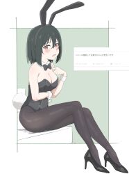 Rule 34 | 1girl, animal ears, bare shoulders, black bow, black bowtie, black footwear, black hair, black leotard, black pantyhose, blush, bow, bowtie, breasts, cleavage, collar, detached collar, fake animal ears, fake tail, fang, full body, high heels, highres, large breasts, leotard, looking at viewer, love live!, love live! nijigasaki high school idol club, mifune shioriko, open mouth, pantyhose, rabbit ears, rabbit tail, red eyes, short hair, sincos, sitting, solo, straight hair, tail, translation request, white collar, white wrist cuffs, wrist cuffs