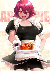 Rule 34 | 1girl, ;d, abstract background, alternate costume, apple pie, apron, arknights, bike shorts, black dress, black gloves, black shorts, blush, breasts, collarbone, commentary request, cowboy shot, detached wings, dress, energy wings, english text, enmaided, exusiai (arknights), fingerless gloves, frilled apron, frilled dress, frilled gloves, frills, gloves, glowing, glowing wings, hair between eyes, hand on own hip, holding, holding plate, looking at viewer, maid, maid apron, medium breasts, one eye closed, open mouth, plate, puffy short sleeves, puffy sleeves, red eyes, red hair, short hair, short sleeves, shorts, shorts under skirt, sidelocks, smile, solo, sparkle, standing, teeth, tongue, twitter username, uenoryoma, upper teeth only, waist apron, wind, wind lift, wings