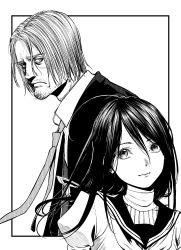 Rule 34 | 1boy, 1girl, absurdres, age difference, ahoge, black eyes, black hair, closed mouth, facial hair, formal, frown, greyscale, hair between eyes, hatching (texture), highres, long hair, monochrome, original, puffy sleeves, school uniform, simple background, smile, striped neckwear, suit, turiganesou800, upper body, white background
