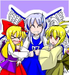 Rule 34 | &gt; &lt;, 3girls, ^ ^, angel wings, blonde hair, blue hair, closed eyes, elis (touhou), closed eyes, facial mark, grin, hair ornament, hair ribbon, high collar, jacket, japanese clothes, locked arms, looking at another, miera, multiple girls, red eyes, ribbon, sariel (touhou), shirt, smile, star (symbol), sweatdrop, touhou, touhou (pc-98), wide sleeves, wings, yuugenmagan