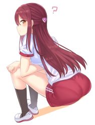 Rule 34 | 10s, 1girl, ?, ass, black socks, blush, breasts, brown eyes, closed mouth, commentary request, dutch angle, from behind, gym shirt, gym shorts, gym uniform, hair between eyes, hair ornament, hajime kaname, half updo, hand on own knee, highres, kneehighs, loafers, long hair, looking at viewer, looking back, love live!, love live! sunshine!!, medium breasts, pantylines, profile, red hair, red shorts, sakurauchi riko, shirt, shoes, short shorts, short sleeves, shorts, sidelocks, socks, solo, very long hair, white background, white footwear, white shirt
