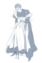 Rule 34 | 1boy, 1girl, apron, blue theme, blush, collared dress, commentary, crossdressing, dmuyaa, dress, frilled apron, frills, hetero, high heels, highres, implied fellatio, juliet sleeves, kneeling, long sleeves, maid, male maid, mole, mole under eye, monochrome, off shoulder, original, puffy sleeves, shoe soles, short hair, sketch, standing, stiletto heels, symbol-only commentary, trembling, waist apron