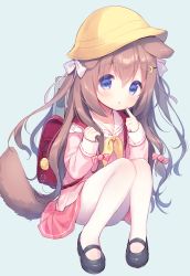 Rule 34 | 1girl, :o, animal ears, azur lane, backpack, bag, bag charm, black footwear, blue eyes, brown hair, candy hair ornament, candy wrapper, charm (object), commentary request, crescent, crescent hair ornament, dog ears, dog girl, dog tail, finger to mouth, food-themed hair ornament, fumizuki (azur lane), grey background, hair between eyes, hair ornament, hairclip, hat, kindergarten uniform, long hair, looking at viewer, mary janes, neckerchief, pantyhose, parted lips, pink shirt, pink skirt, pleated skirt, randoseru, school hat, shirt, shoes, simple background, sitting, skirt, solo, tail, usashiro mani, very long hair, white pantyhose, yellow hat, yellow neckerchief