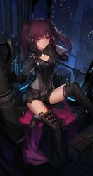 Rule 34 | 1girl, absurdres, black footwear, black gloves, black shorts, boots, brown hair, cleavage cutout, clothing cutout, collarbone, fingerless gloves, floating hair, gloves, highres, holding, long hair, looking at viewer, night, original, outdoors, purple eyes, shiny skin, short shorts, shorts, sitting, solo, swd3e2, thigh boots, thighhighs, twintails