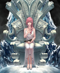 Rule 34 | 10s, 1girl, absurdres, animal, bird, blue eyes, breasts, cleavage, closed mouth, dress, final fantasy, final fantasy xiii, finger to mouth, full body, highres, lightning farron, long hair, looking at viewer, md5 mismatch, medium breasts, pink hair, relear, resized, resolution mismatch, shoes, sitting, sleeveless, sleeveless dress, source larger, spaghetti strap, throne, white dress, white footwear