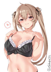 Rule 34 | 1girl, adjusting bra, adjusting clothes, black bra, blush, bra, breasts, brown eyes, collarbone, ebifurya, frilled bra, frills, heart, highres, kantai collection, large breasts, light brown hair, long hair, looking at viewer, murasame (kancolle), navel, neck, one-hour drawing challenge, simple background, smile, solo, twintails, twitter username, underwear, upper body, white background
