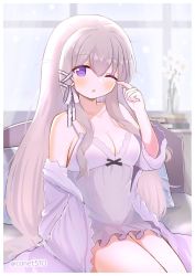 Rule 34 | 1girl, :o, apartment, azur lane, bare shoulders, black ribbon, blurry, blurry background, breasts, conet510, flower, grey hair, hair ornament, heterochromia, highres, jacket, long hair, murmansk (azur lane), murmansk (sceneries of pure snow) (azur lane), nightgown, official alternate costume, one eye closed, purple eyes, ribbon, see-through, signature, solo, thighs, waking up, white flower, white nightgown, white ribbon