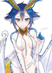 Rule 34 | 1girl, absurdres, blue eyes, blue hair, breasts, breasts apart, closed mouth, commentary request, detached collar, dragon girl, dragon horns, dragon tail, dragon wings, hair between eyes, highres, horns, looking at viewer, medium breasts, mihua (gina10925), monster girl, monster musume no oisha-san, navel, pale skin, pointy ears, scales, short hair, signature, simple background, skadi dragenfelt, slit pupils, smile, solo, tail, white background, wings