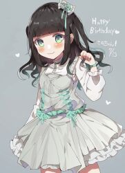 Rule 34 | 1girl, :3, animification, black hair, blunt bangs, character name, closed mouth, commentary request, cowboy shot, dress, frilled dress, frills, green eyes, grey background, grey dress, hand up, happy birthday, highres, idol clothes, long hair, long sleeves, looking at viewer, nene komochi, paw pose, puffy long sleeves, puffy sleeves, real life, renoa yu, seireki13ya, simple background, smile, solo, standing, two side up