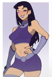 Rule 34 | 1girl, absurdres, bare shoulders, blackfire, blush, breasts, bridal gauntlets, clenched teeth, cropped shirt, dc comics, glowing, glowing eye, halterneck, hand on own hip, highres, long hair, looking at viewer, medium breasts, midriff, miniskirt, navel, open mouth, porqueloin, purple background, purple bridal gauntlets, purple eyes, purple hair, purple lips, purple nails, purple shirt, purple skirt, shirt, simple background, skirt, sleeveless, sleeveless shirt, solo, straight hair, teen titans, teeth, thighhighs