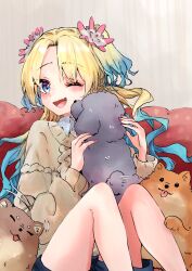 Rule 34 | 1girl, ;d, absurdres, animal, bare legs, blonde hair, blue hair, blush, brown sweater, couch, dog, flower, hair flower, hair ornament, highres, holding, holding animal, indoors, knees up, link! like! love live!, long sleeves, looking at viewer, love live!, multicolored hair, oihlf, one eye closed, open mouth, osawa rurino, parted bangs, red nails, sitting, smile, solo, streaked hair, sweater, tail, tail wagging, tongue, tongue out, two-tone hair