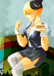 Rule 34 | 1girl, blonde hair, breasts, brown eyes, cake, cleavage, food, fork, genderswap, genderswap (mtf), hat, holding, medium breasts, one piece, open clothes, open shirt, sanji (one piece), shirt, short hair, side slit, sitting, skirt, thighhighs, white thighhighs, wrist cuffs
