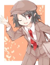 Rule 34 | 1girl, akagashi hagane, bag, belt, bent over, black hair, blouse, brown hat, collared shirt, flat cap, forbidden scrollery, formal, hat, jacket, necktie, official alternate costume, one eye closed, orange background, pants, pointy ears, red eyes, shameimaru aya, shameimaru aya (newsboy), shirt, short hair, shoulder bag, solo, suit, touhou, vest, white shirt
