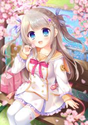 Rule 34 | 1girl, absurdres, bag, bench, blue eyes, blurry, blurry foreground, blush, bow, braid, breasts, brown hair, collarbone, commentary request, day, depth of field, fingernails, flower, frilled skirt, frills, hair bow, hair flower, hair ornament, head tilt, highres, holding, holding flower, jacket, long hair, long sleeves, looking at viewer, medium breasts, moe2019, on bench, orange sailor collar, original, outdoors, park bench, pink flower, puffy long sleeves, puffy sleeves, purple bow, railing, river, ryuuka sane, sailor collar, school bag, school uniform, serafuku, sitting, skirt, sleeves past wrists, solo, thighhighs, two side up, very long hair, water, white jacket, white skirt, white thighhighs