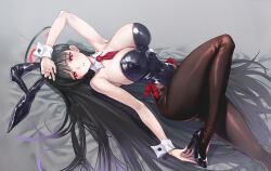 Rule 34 | 1girl, animal ears, armpits, black footwear, black hair, black leotard, black pantyhose, blue archive, breasts, bright pupils, cleavage, commentary request, detached collar, hair ornament, hairclip, halo, highres, large breasts, leotard, long hair, lying, matsuryuu, multicolored hair, necktie, pantyhose, playboy bunny, rabbit ears, red eyes, red necktie, rio (blue archive), solo, streaked hair, very long hair, white pupils, wrist cuffs