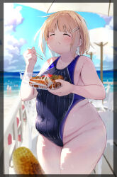 Rule 34 | 1girl, absurdres, beach umbrella, blonde hair, blue sky, blunt bangs, blurry, blurry background, blush, breasts, chopsticks, closed eyes, closed mouth, cloud, cloudy sky, commentary request, commissioner name, covered navel, cowboy shot, day, dot nose, eating, fat, food, food on face, hair ornament, hairclip, highleg, highleg one-piece swimsuit, highleg swimsuit, highres, holding, holding chopsticks, holding food, making-of available, medium breasts, medium hair, one-piece swimsuit, original, outdoors, shiori (plzcallmeshiori), sky, solo, swimsuit, tareme, thick thighs, thighs, umbrella, water, wet