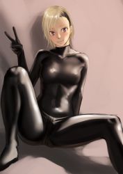Rule 34 | 1girl, absurdres, black gloves, blonde hair, blush, bodysuit, brown eyes, buzz cut, closed mouth, copyright request, gloves, hand up, highres, kilye kairi, latex, latex bodysuit, latex gloves, leaning back, looking at viewer, original, short hair, sitting, smile, solo, spread legs, v, very short hair
